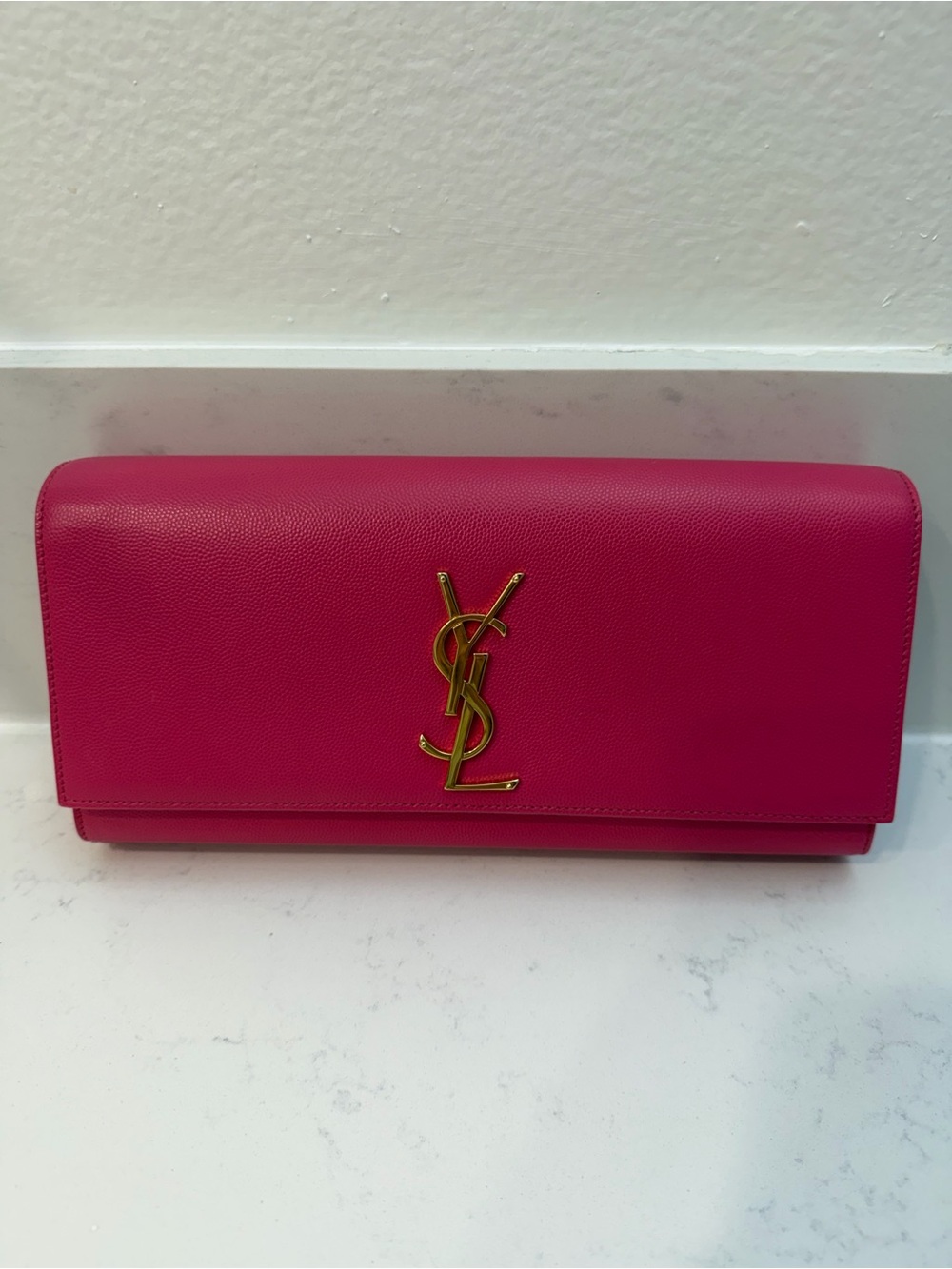 Saint Laurent YSL Cassandre Flap Clutch -Pink Envelope Clutch with Gold YSL Logo